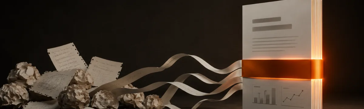 Crumpled notes and paper ribbons flowing into a bound proposal document with a copper band