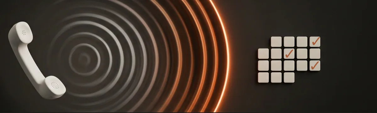 White telephone handset with concentric rings, the outermost glowing copper, beside a calendar grid